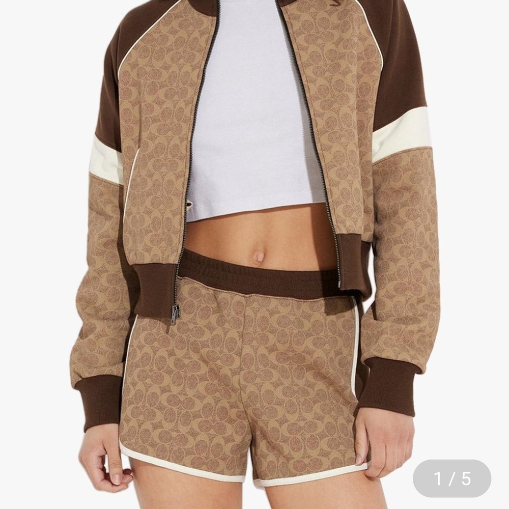 Coach SET  Brown Patterned Bomber JACKET AND SHORT with Cream Accents